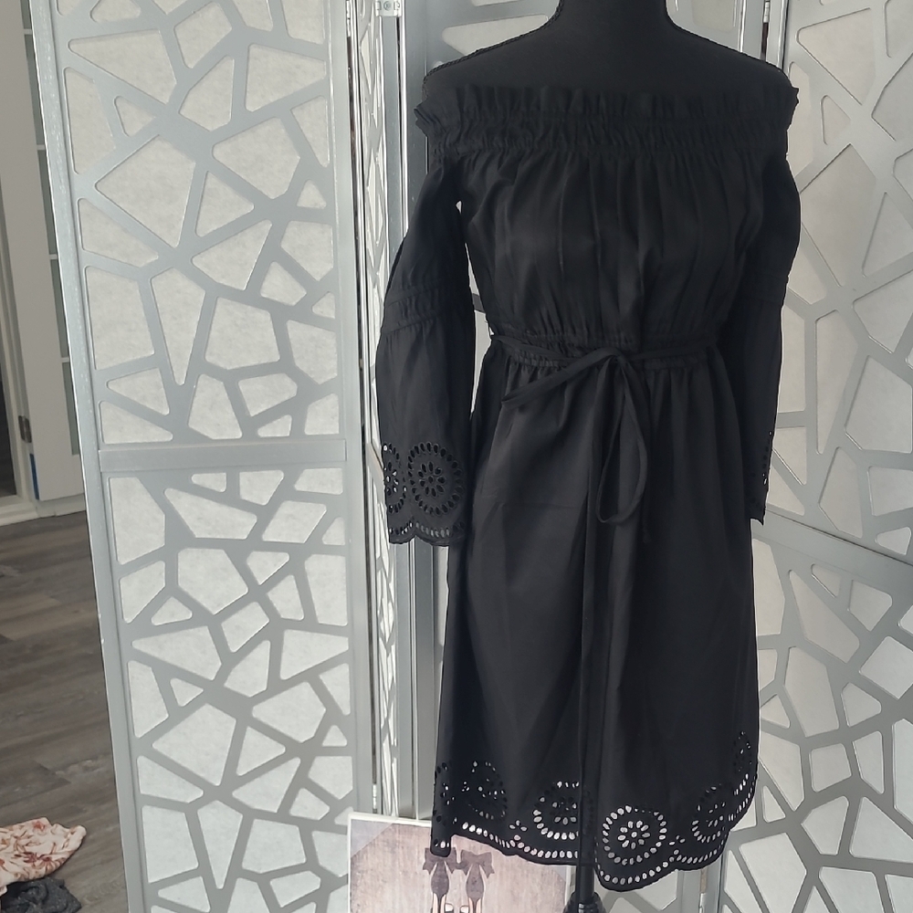 Venus Black Off-Shoulder Belted Dress